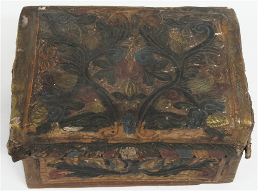 Hand Carved Polychrome Painted Wood Jewelry / Dresser Box - Relief Carved Flowers and Vines - Hinged Lid -Scalloped Trim - Box Measures 4 1/2 Tall 5 1/2 By 8 