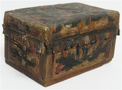 Hand Carved Polychrome Painted Wood Jewelry / Dresser Box - Relief Carved Flowers and Vines - Hinged Lid -Scalloped Trim - Box Measures 4 1/2 Tall 5 1/2 By 8 