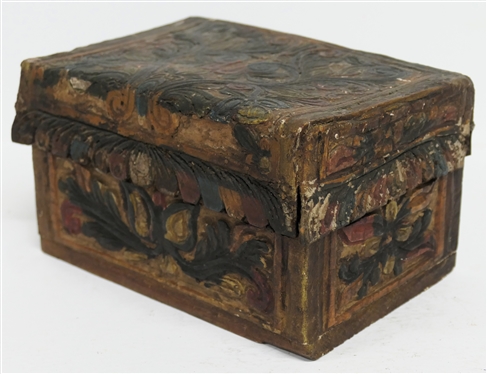 Hand Carved Polychrome Painted Wood Jewelry / Dresser Box - Relief Carved Flowers and Vines - Hinged Lid -Scalloped Trim - Box Measures 4 1/2 Tall 5 1/2 By 8 