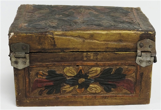 Hand Carved Polychrome Painted Wood Jewelry / Dresser Box - Relief Carved Flowers and Vines - Hinged Lid -Scalloped Trim - Box Measures 4 1/2 Tall 5 1/2 By 8 