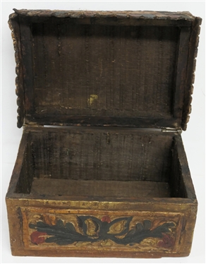 Hand Carved Polychrome Painted Wood Jewelry / Dresser Box - Relief Carved Flowers and Vines - Hinged Lid -Scalloped Trim - Box Measures 4 1/2 Tall 5 1/2 By 8 