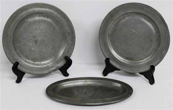 3 Pieces of 19th Century Pewter - 2 Hallmarked London 8 Plates and Small Oval Tray - Stamped on Back - Measures 9 by 5 