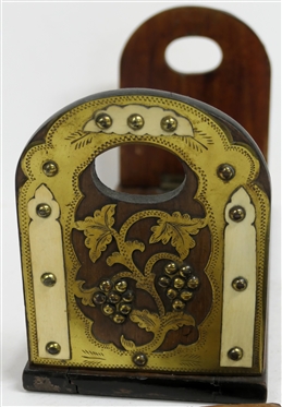 Mahogany Book Holder / Stand with Hand Chased Brass Decoration - Grapes and Leaves  and Applied Bone  Accents - Expandable Width - Ends Measure 6 tall 5 Across - Also Including Leather Bound...