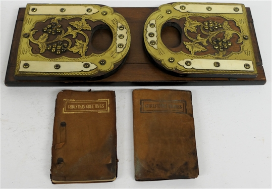 Mahogany Book Holder / Stand with Hand Chased Brass Decoration - Grapes and Leaves  and Applied Bone  Accents - Expandable Width - Ends Measure 6 tall 5 Across - Also Including Leather Bound...