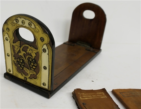 Mahogany Book Holder / Stand with Hand Chased Brass Decoration - Grapes and Leaves  and Applied Bone  Accents - Expandable Width - Ends Measure 6 tall 5 Across - Also Including Leather Bound...