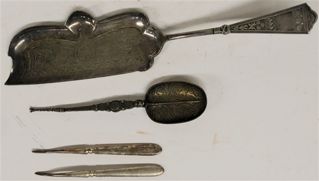 Cornelius Saunders & Frank Shepherd 1898 Sterling Silver Hallmarked Spoon - Heavily Decorated Bowl and Handle, Rogers A1 Crumber, and 2 Rogers Silverplate Nut Picks - Sterling Silver Spoon Weighs...