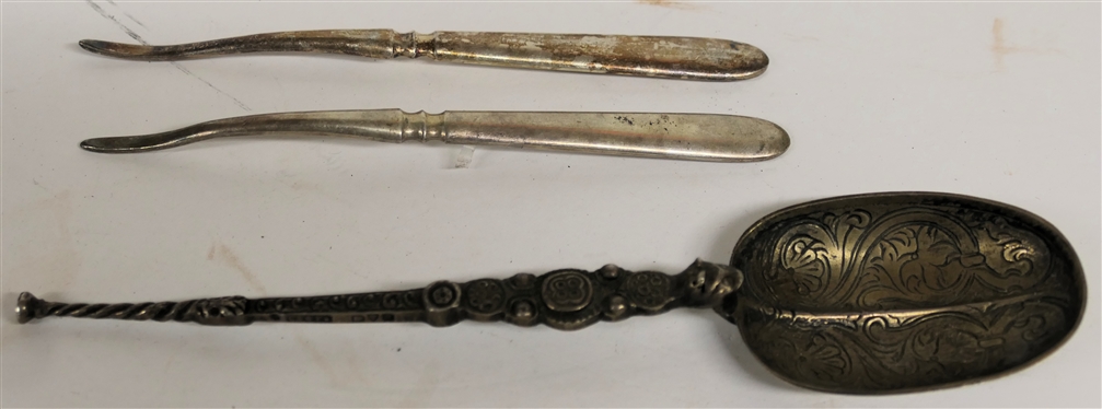 Cornelius Saunders & Frank Shepherd 1898 Sterling Silver Hallmarked Spoon - Heavily Decorated Bowl and Handle, Rogers A1 Crumber, and 2 Rogers Silverplate Nut Picks - Sterling Silver Spoon Weighs...