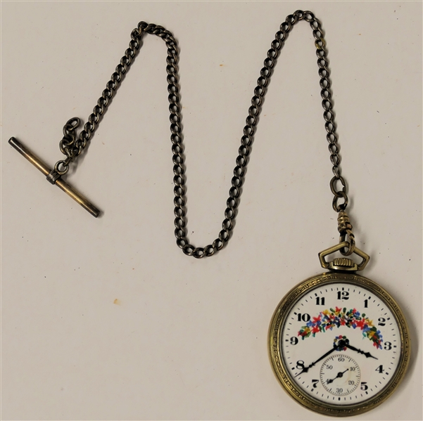 Elgin Natl Watch Co. Pocket Watch in 10kt Gold Filled Illinois Watch Case - with Watch Chain - Pretty Enamal Painted Floral Porcelain Dial - Watch is 1 3/4" Across