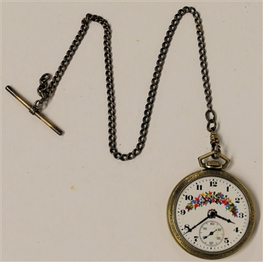 Elgin Nat''l Watch Co. Pocket Watch in 10kt Gold Filled Illinois Watch Case - with Watch Chain - Pretty Enamal Painted Floral Porcelain Dial - Watch is 1 3/4 Across