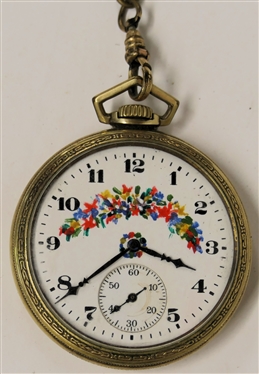 Elgin Nat''l Watch Co. Pocket Watch in 10kt Gold Filled Illinois Watch Case - with Watch Chain - Pretty Enamal Painted Floral Porcelain Dial - Watch is 1 3/4 Across