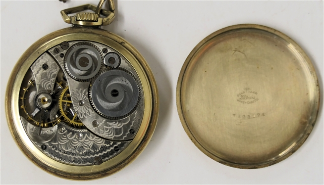 Elgin Nat''l Watch Co. Pocket Watch in 10kt Gold Filled Illinois Watch Case - with Watch Chain - Pretty Enamal Painted Floral Porcelain Dial - Watch is 1 3/4 Across