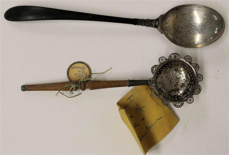 2 Sterling Silver Pieces with Wood Handles - Sterling Silver Tea Strainer with Sterling Banded Wood Handle and Sterling Silver Serving Spoon with Ebony Wood Handle - Spoon Measures 11 1/2"  Long