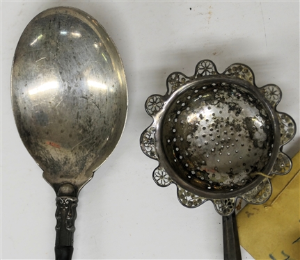 2 Sterling Silver Pieces with Wood Handles - Sterling Silver Tea Strainer with Sterling Banded Wood Handle and Sterling Silver Serving Spoon with Ebony Wood Handle - Spoon Measures 11 1/2  Long