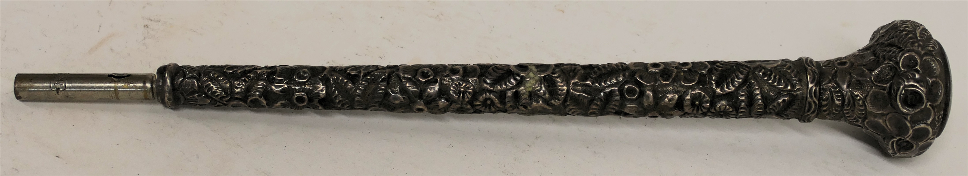 Outstanding Sterling Silver Repousse Umbrella Handle - Marked Sterling Silver - Monogrammed "PGW" on Top of Knob - Handle Only Measures 10" Long