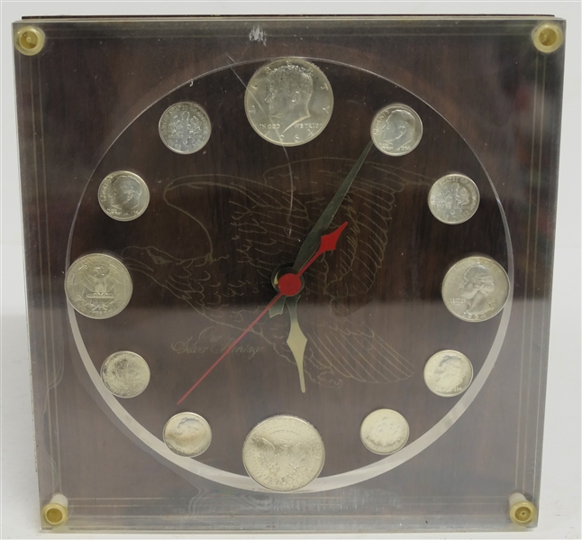 Our Silver Heritage American Silver Coin Clock - American Silver Half Dollars, Quarters, and Dimes In Acrylic Case - Quartz Movement Clock - Measures 7 3/4" By 7 3/4" 