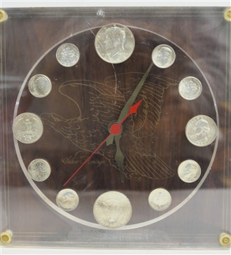 Our Silver Heritage American Silver Coin Clock - American Silver Half Dollars, Quarters, and Dimes In Acrylic Case - Quartz Movement Clock - Measures 7 3/4 By 7 3/4 