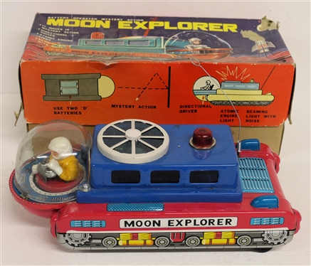 Battery Operated Mystery Action Moon Explorer Battery Operated Tin Litho Toy - Made in Japan No. 81327 - In Original Box - Clean Battery Compartment - Car Measures 11 Long