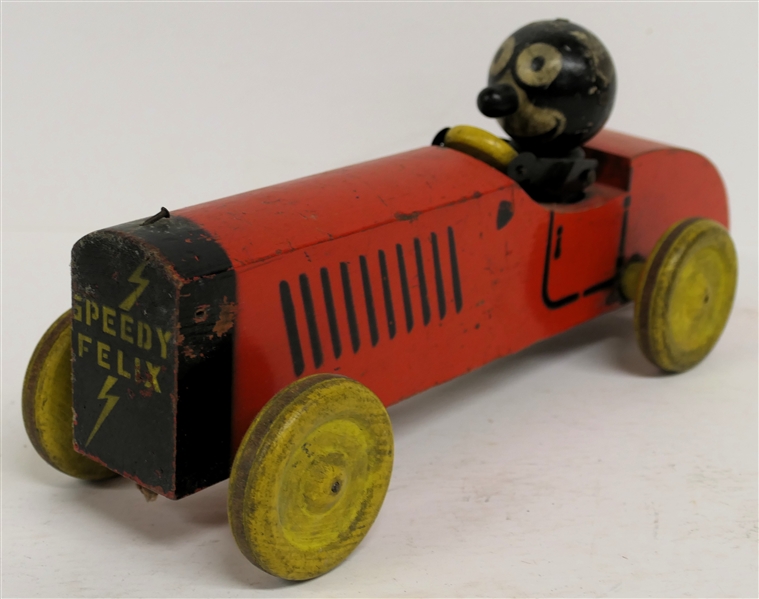 1930s "Speedy Felix" By Nifty Toys -  Geo. Borgfeldt & Co. NY - Speedy the Cat Wooden Pull Toy - Wood Wheels - Cat Moves Up and Down - Original Label on Bottom and Copyright On Rear -  Car...