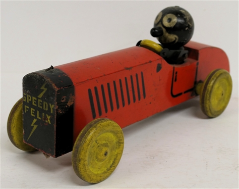1930''s Speedy Felix By Nifty Toys -  Geo. Borgfeldt & Co. NY - Speedy the Cat Wooden Pull Toy - Wood Wheels - Cat Moves Up and Down - Original Label on Bottom and Copyright On Rear -  Car...