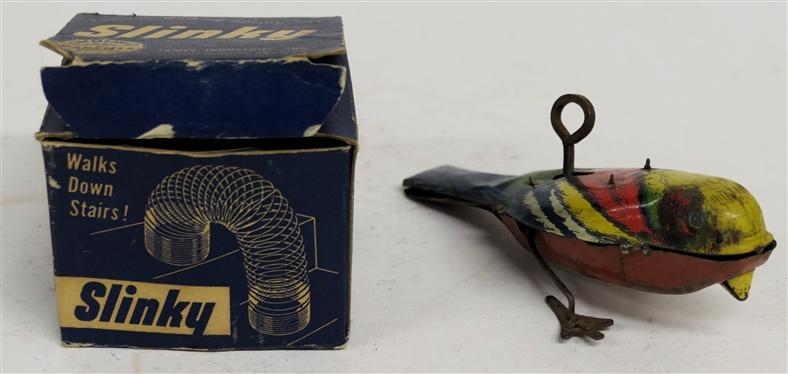 Vintage James Industries Slinky in Original Box and Tin Litho Key Wind Bird - Missing Foot 