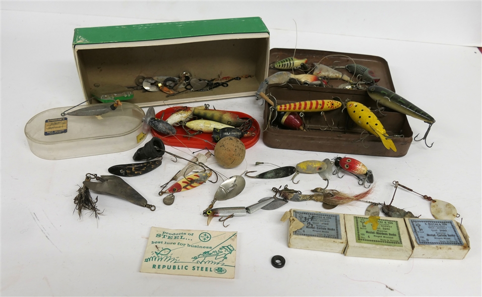 Collection of Vintage Fishing Tackle - Wooden Lures, New Old Stock Hooks, Jitterbug, and Spinnerbaits - With Metal Tackle Box 