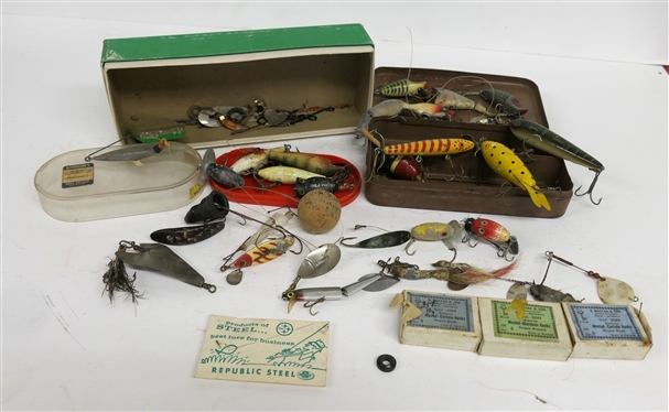 Collection of Vintage Fishing Tackle - Wooden Lures, New Old Stock Hooks, Jitterbug, and Spinnerbaits - With Metal Tackle Box 