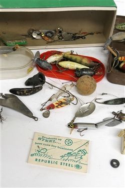 Collection of Vintage Fishing Tackle - Wooden Lures, New Old Stock Hooks, Jitterbug, and Spinnerbaits - With Metal Tackle Box 