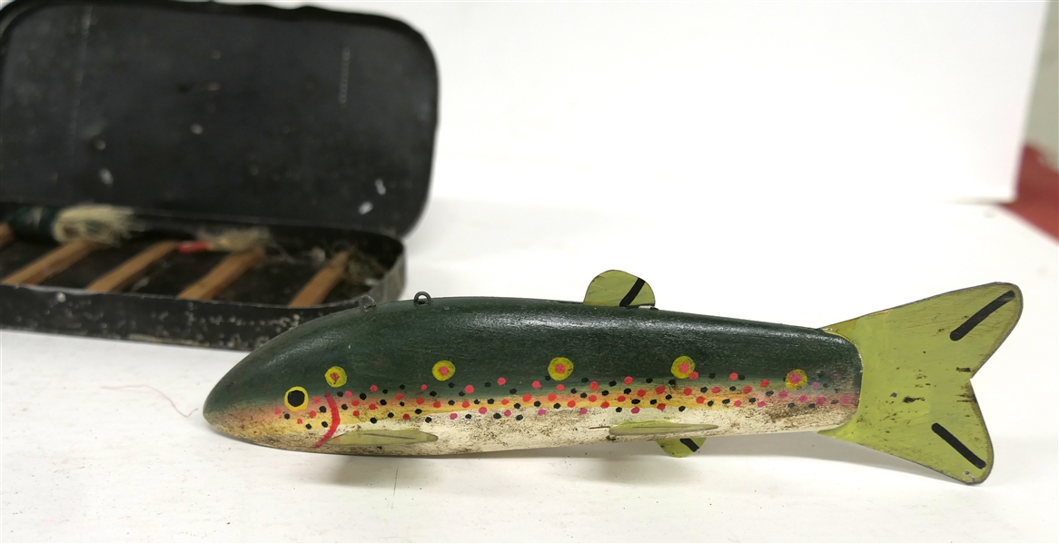 Hand Carved and Hand Painted Vintage Wooden Fish Decoy, #60 Fly Fishing Reel, and Metal Fly Tin with Few Fishing Flies - Decoy Measures 7" Long