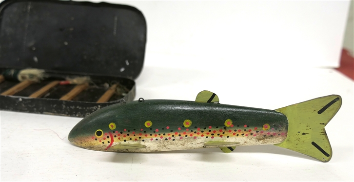 Hand Carved and Hand Painted Vintage Wooden Fish Decoy, #60 Fly Fishing Reel, and Metal Fly Tin with Few Fishing Flies - Decoy Measures 7 Long