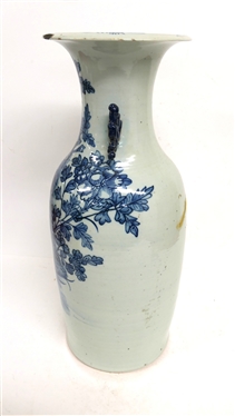 Qing Dynasty Chinese Export Blue and White Large Peacock Vase - Flared Rim with Blue Handles - Peacock with Flowers - Vase Measures 23 Tall 9 Across - Chip on Inside of Top Rim