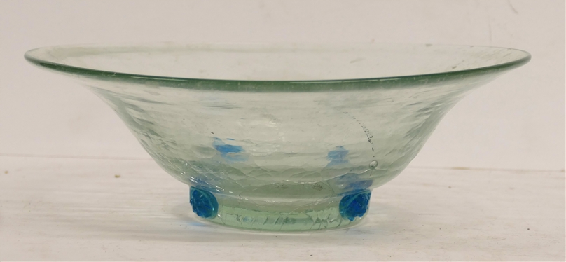 Pretty Crackle Art Glass Bowl with Applied Blue Decorations  -Bowl Measures 3 3/4 Tall 11 1/2 Across