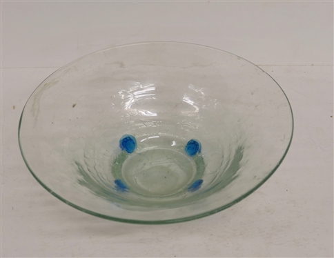 Pretty Crackle Art Glass Bowl with Applied Blue Decorations  -Bowl Measures 3 3/4 Tall 11 1/2 Across