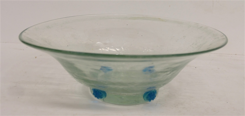 Pretty Crackle Art Glass Bowl with Applied Blue Decorations  -Bowl Measures 3 3/4 Tall 11 1/2 Across