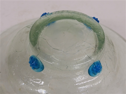 Pretty Crackle Art Glass Bowl with Applied Blue Decorations  -Bowl Measures 3 3/4 Tall 11 1/2 Across