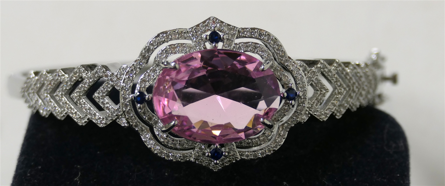 Fancy Sterling Silver Hinged Cuff Bracelet with Large Pink Faceted Oval Stone-CZ Accents - Center Stone Measures 3/4" By 1/2" - Fits Larger Wrist 
