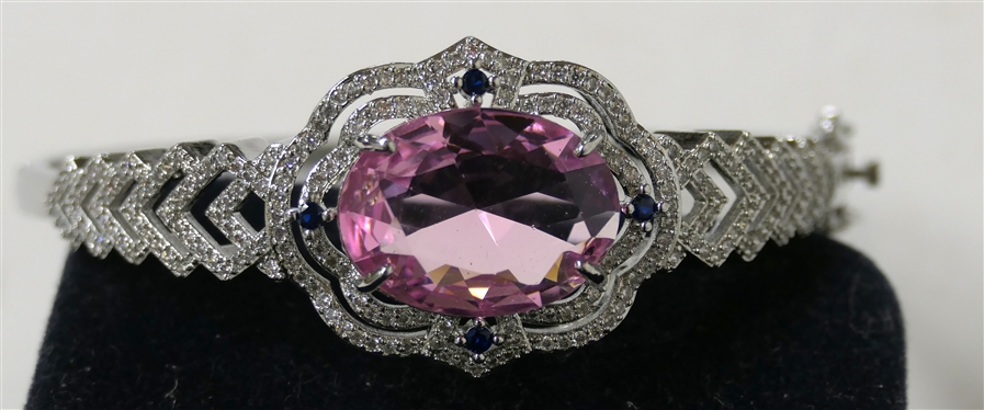 Fancy Sterling Silver Hinged Cuff Bracelet with Large Pink Faceted Oval Stone-CZ Accents - Center Stone Measures 3/4 By 1/2 - Fits Larger Wrist 