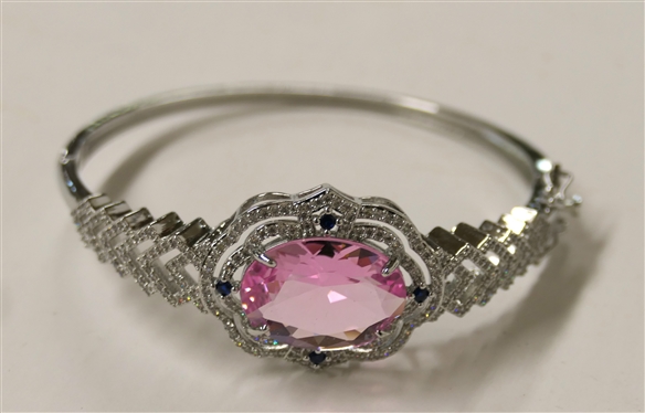 Fancy Sterling Silver Hinged Cuff Bracelet with Large Pink Faceted Oval Stone-CZ Accents - Center Stone Measures 3/4 By 1/2 - Fits Larger Wrist 