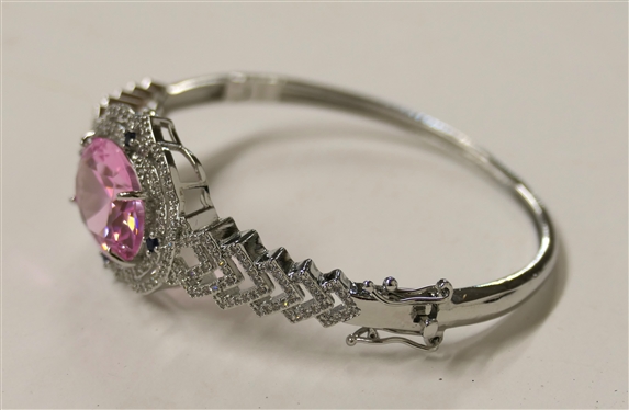 Fancy Sterling Silver Hinged Cuff Bracelet with Large Pink Faceted Oval Stone-CZ Accents - Center Stone Measures 3/4 By 1/2 - Fits Larger Wrist 