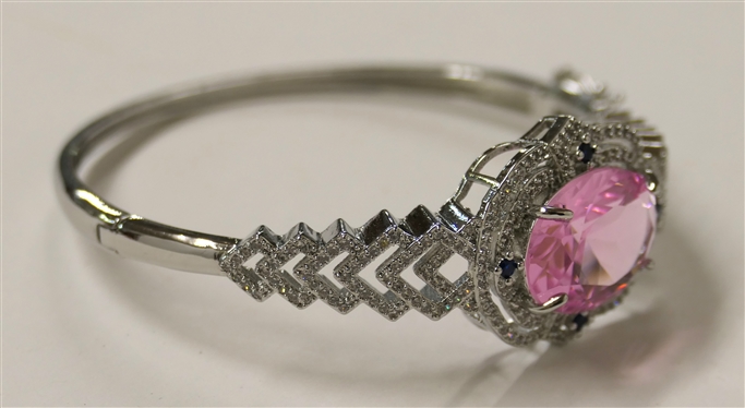 Fancy Sterling Silver Hinged Cuff Bracelet with Large Pink Faceted Oval Stone-CZ Accents - Center Stone Measures 3/4 By 1/2 - Fits Larger Wrist 