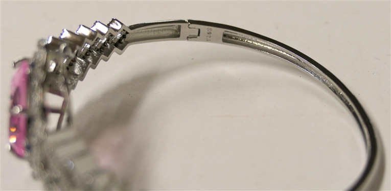 Fancy Sterling Silver Hinged Cuff Bracelet with Large Pink Faceted Oval Stone-CZ Accents - Center Stone Measures 3/4 By 1/2 - Fits Larger Wrist 