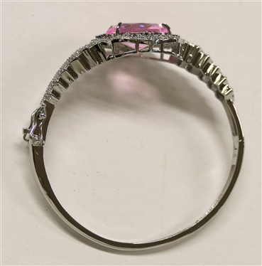 Fancy Sterling Silver Hinged Cuff Bracelet with Large Pink Faceted Oval Stone-CZ Accents - Center Stone Measures 3/4 By 1/2 - Fits Larger Wrist 