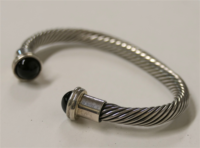 Sterling Silver Cuff Bracelet with Black Onyx Terminal Ends - Twisted Design  - Fits Larger Wrist 