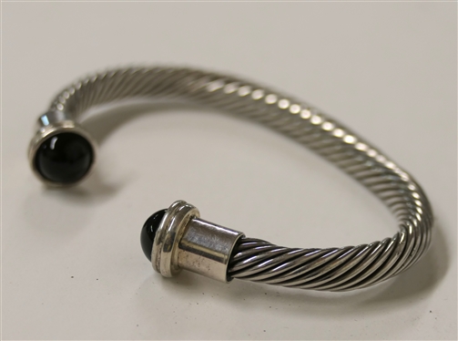 Sterling Silver Cuff Bracelet with Black Onyx Terminal Ends - Twisted Design  - Fits Larger Wrist 