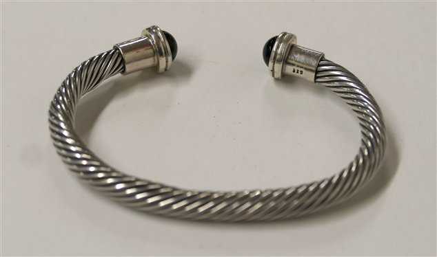 Sterling Silver Cuff Bracelet with Black Onyx Terminal Ends - Twisted Design  - Fits Larger Wrist 