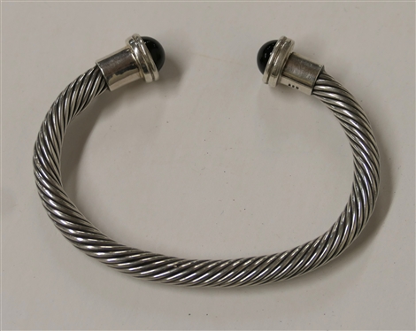 Sterling Silver Cuff Bracelet with Black Onyx Terminal Ends - Twisted Design  - Fits Larger Wrist 