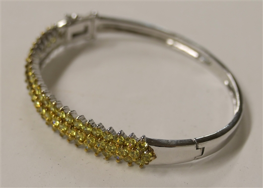 Sterling Silver Cuff Bracelet 3 Rows of Yellow Stones - Fits Average Size Wrist 