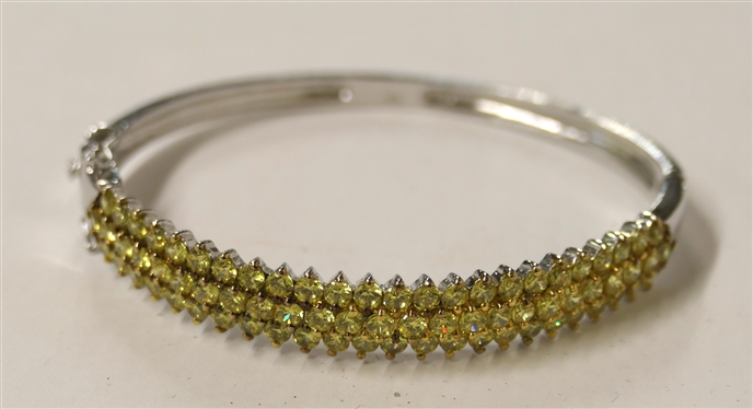 Sterling Silver Cuff Bracelet 3 Rows of Yellow Stones - Fits Average Size Wrist 