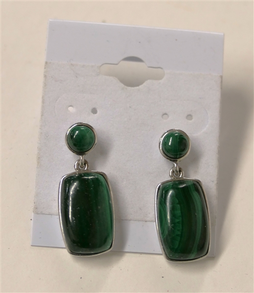 Sterling Silver Malachite Drop Earrings - Marked 925 BBJ - Earrings Are 1" Long