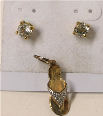 Sterling Silver CZ Stud Earrings and Gold Washed Sterling Silver Flip Flop Charm - Charm is 3/4 Long