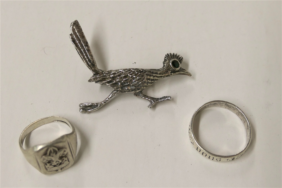Sterling Silver Road Runner Brooch, Sterling Silver Boy Scout Ring, and Sterling Silver French "You and No Other" Engraved Band Ring - Size 9 - Bird Brooch Measures 2" Across